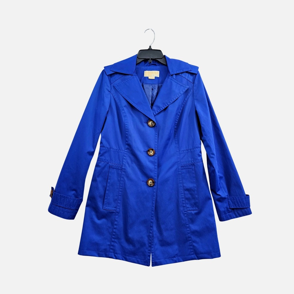 Michael Kors Trench Coat Women Small Blue Cotton Blend Button Up Lined Chic EUC